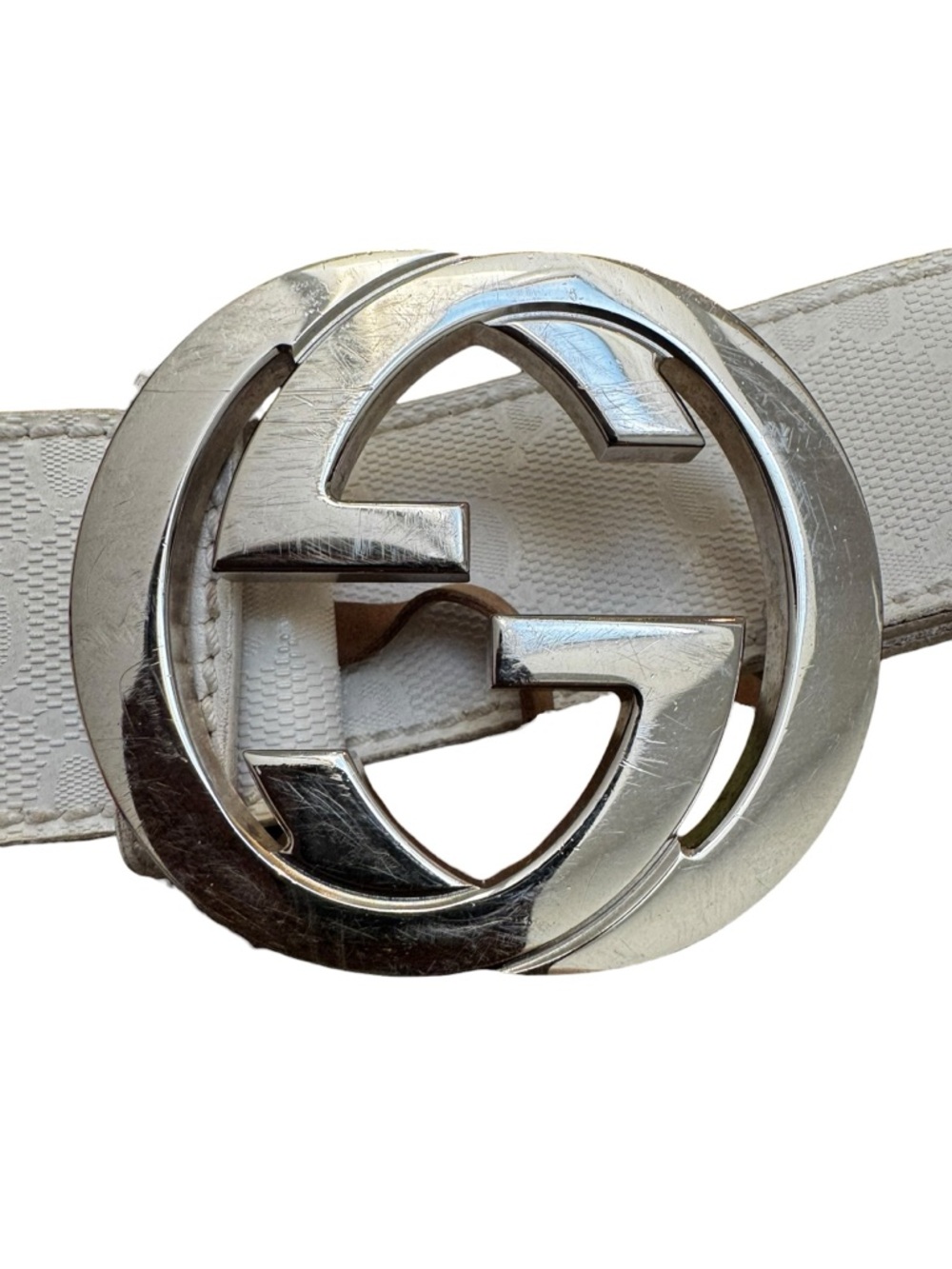 Gucci Cream Monogram Canvas Belt with Silver Double G Buckle - Picture 5 of 11